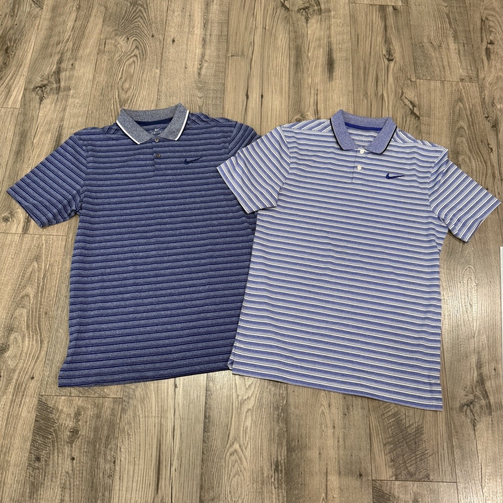 Lot of 2 Nike Dri-FIT Mens Small Striped Golf Polo Shirts Blue Short Sleeve S